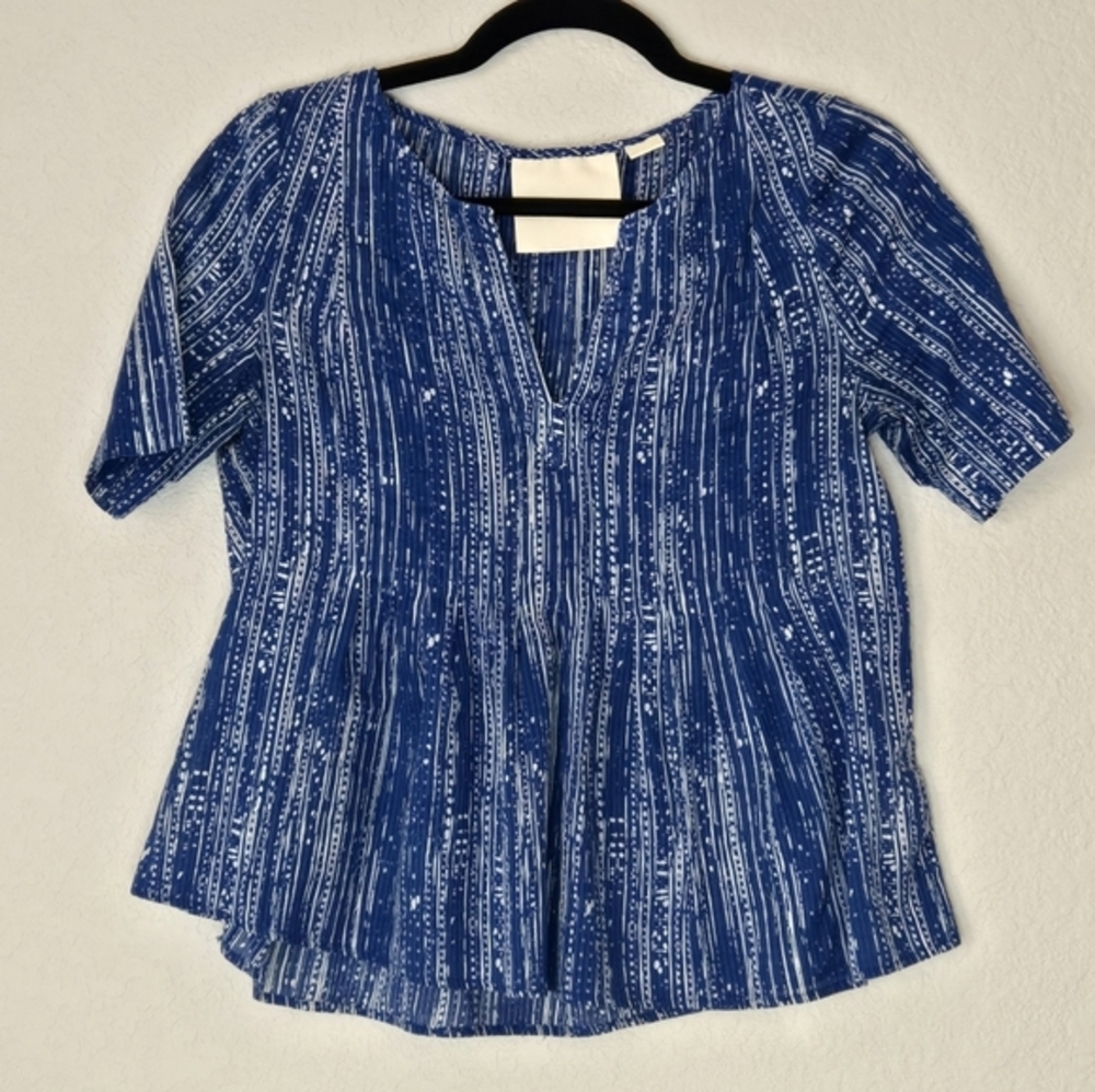 Maeve Anthropologie Blue‎ White Abstract Stripe Pleated Peplum Blouse Top Size 0